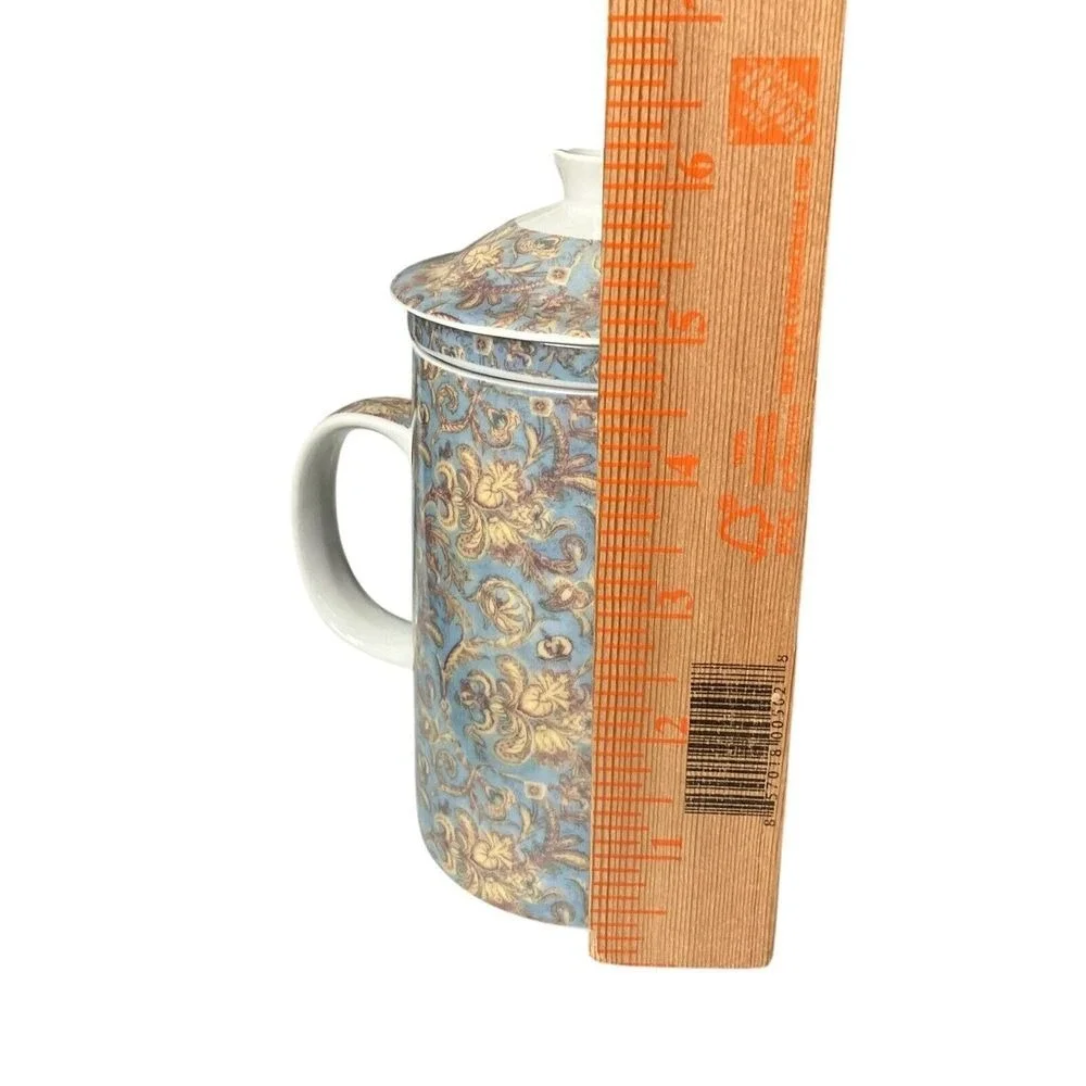 World Market Blue Floral Ceramic Tea Mug Infuser Lid Dishwasher Safe